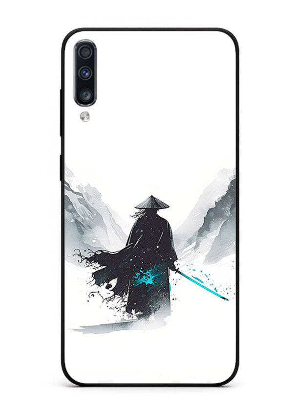 samurai snow blade white blue art Samsung A50 glass cover winter warrior case