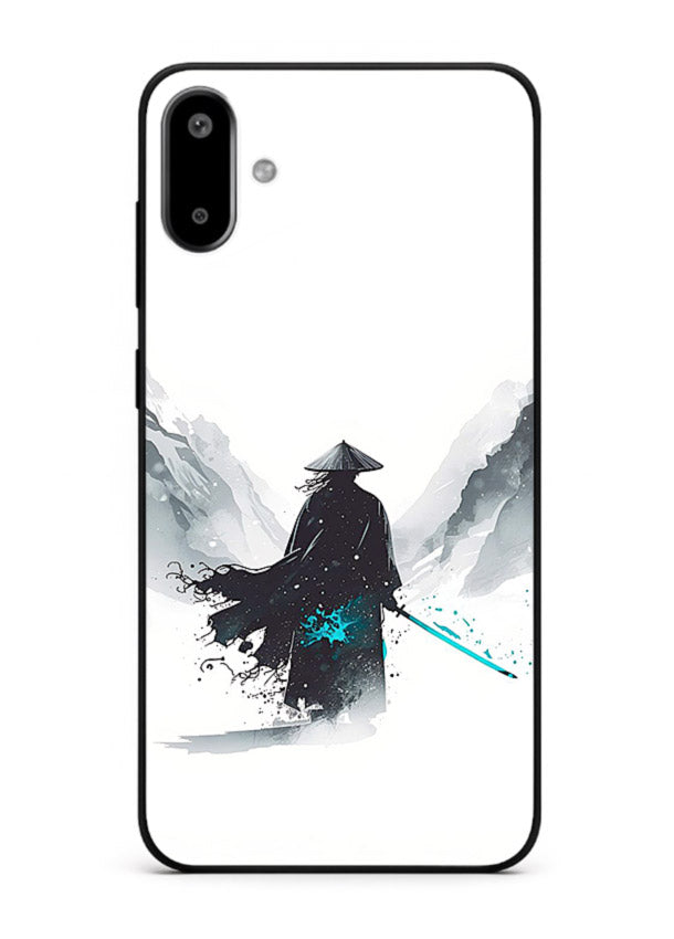 samurai snow blade white blue art Samsung F06 5G glass cover winter warrior case