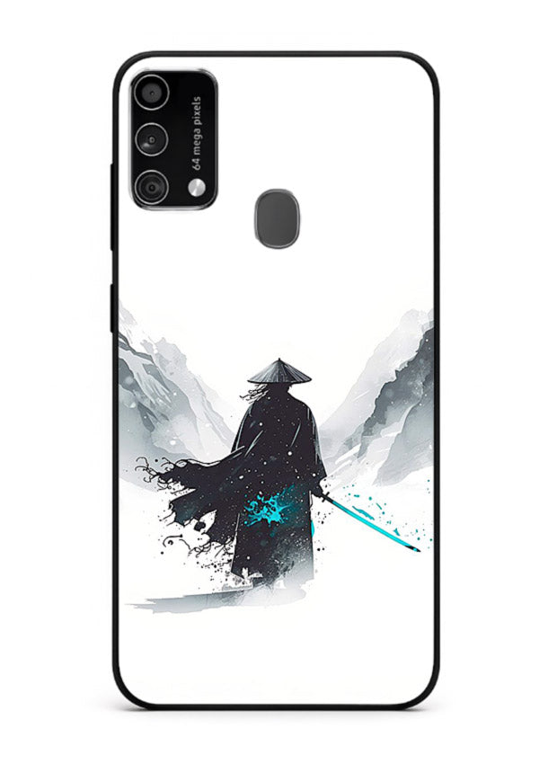 samurai snow blade white blue art Samsung F41 glass cover winter warrior case