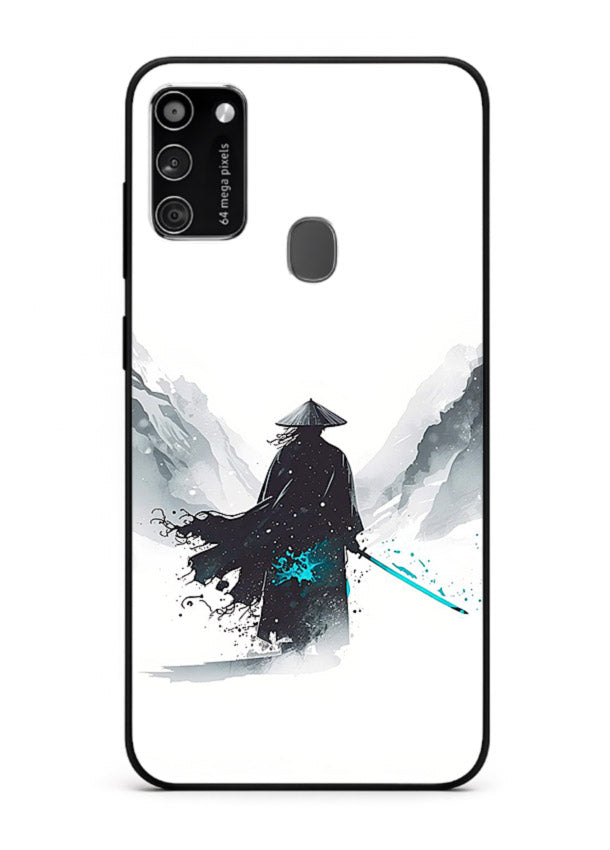 samurai snow blade white blue art Samsung M30s glass cover winter warrior case