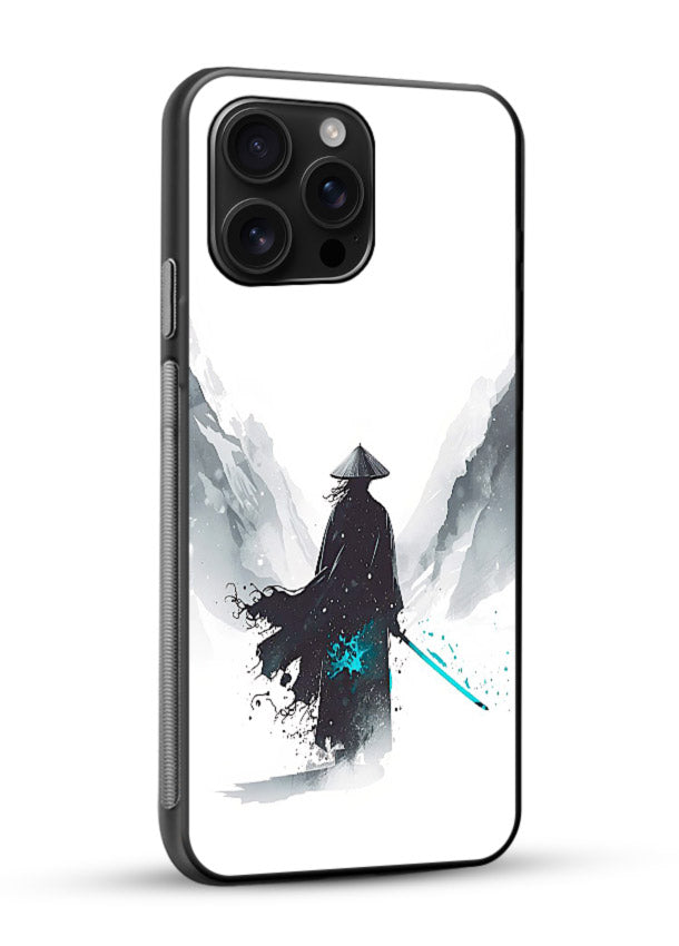 samurai snow blade white blue art glossy vibrant premium glass cover winter warrior case - Angle Side