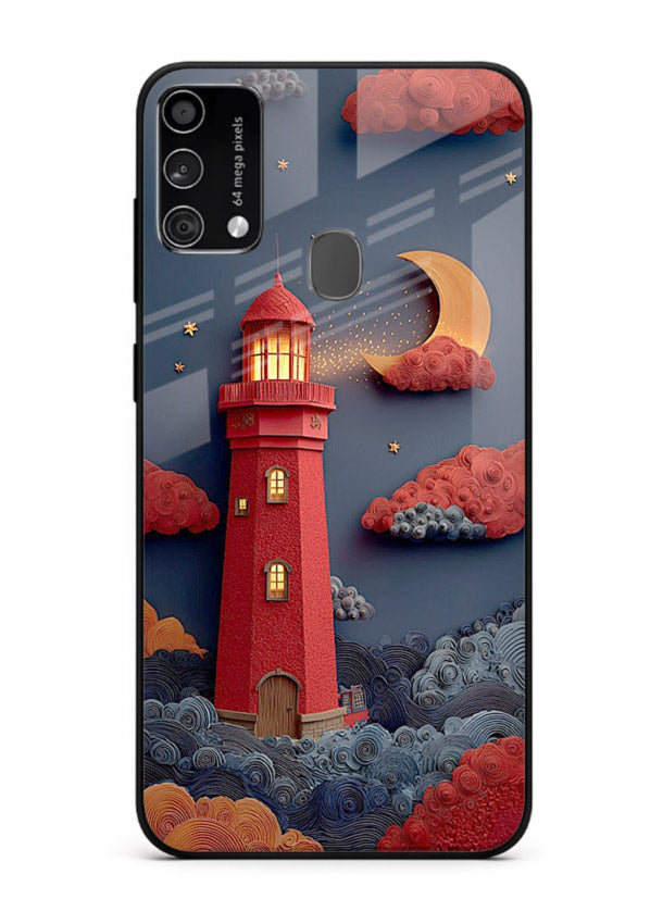 Scarlet Night Lighthouse red night lighthouse artwork Samsung F41 glass back cover