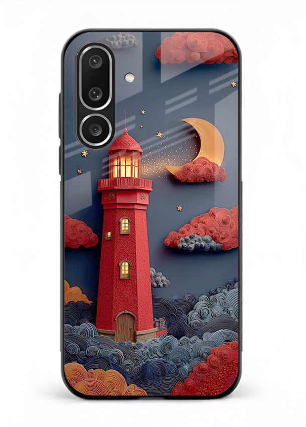 Scarlet Night Lighthouse red night lighthouse artwork Samsung F56 5G glass back cover