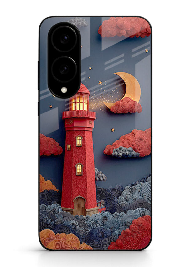 Scarlet Night Lighthouse red night lighthouse artwork Samsung S25 Edge glass back cover