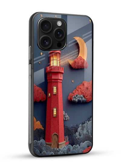 Scarlet Night Lighthouse red night lighthouse artwork glossy vibrant premium glass back cover - Angle Side