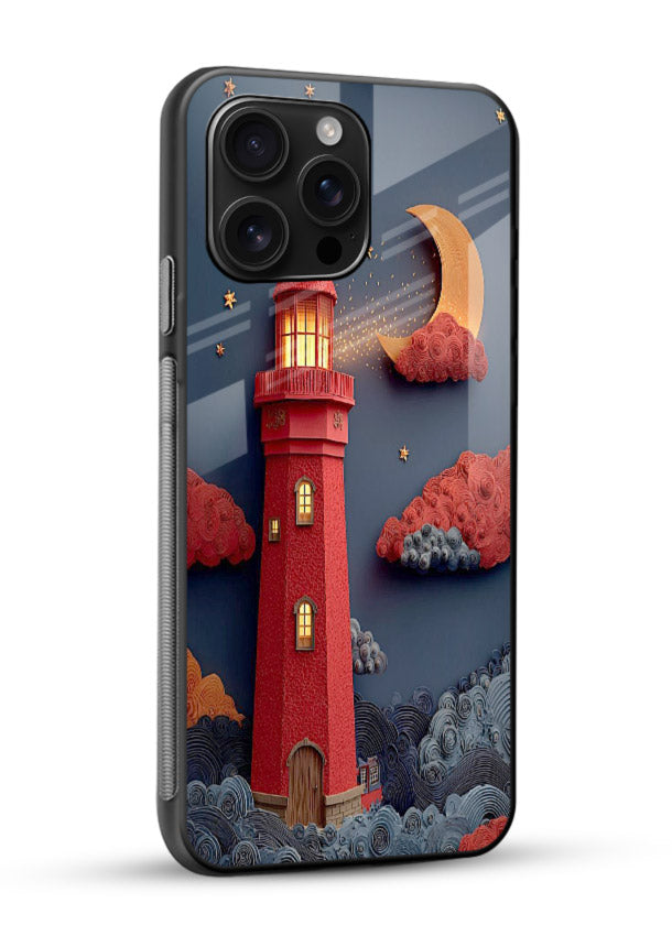 Scarlet Night Lighthouse red night lighthouse artwork glossy vibrant premium glass back cover - Angle Side