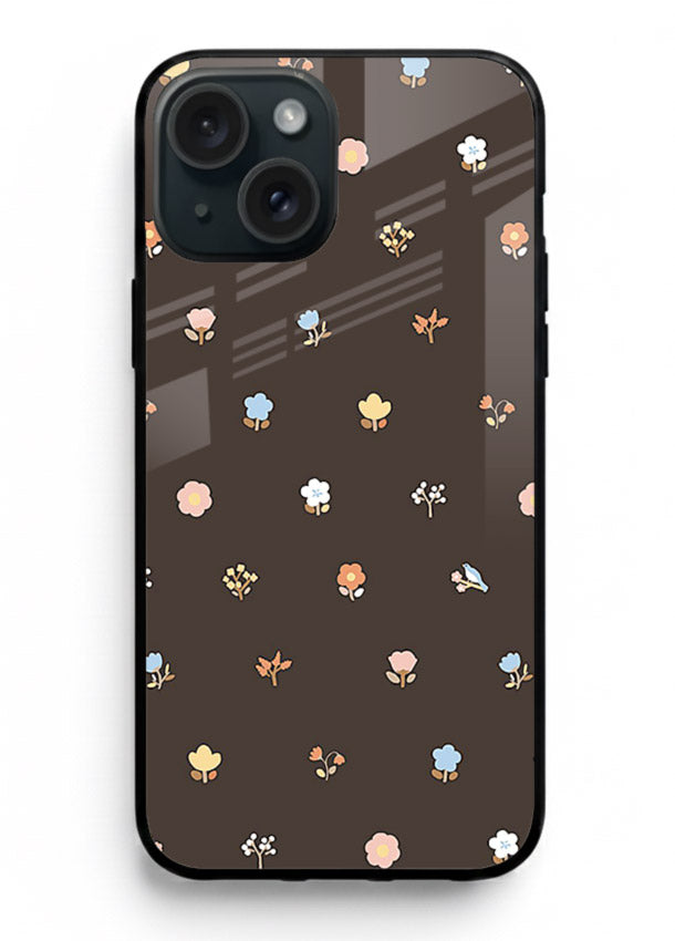 Pastel tiny flower pattern on iphone 13 mini glass back cover with playful botanical spacing.