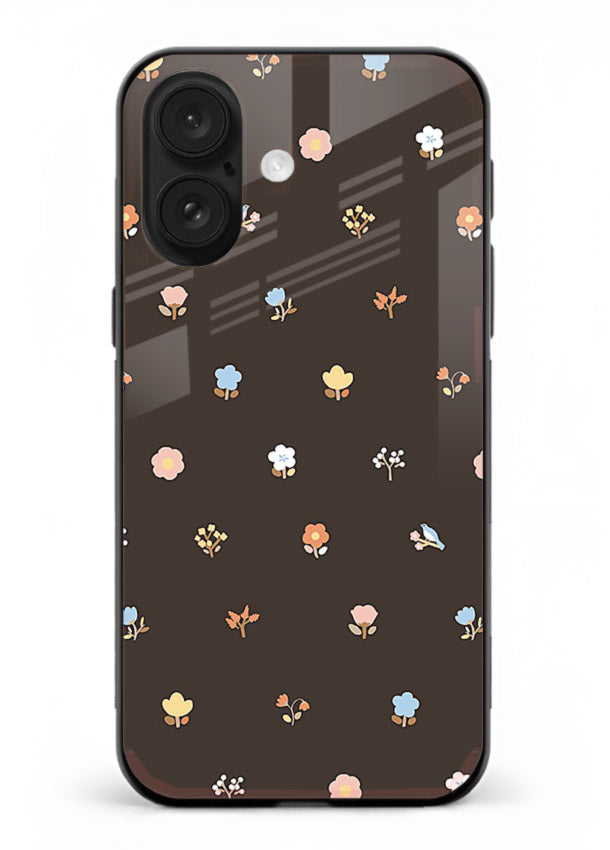 Pastel tiny flower pattern on iphone 18 glass back cover with playful botanical spacing.