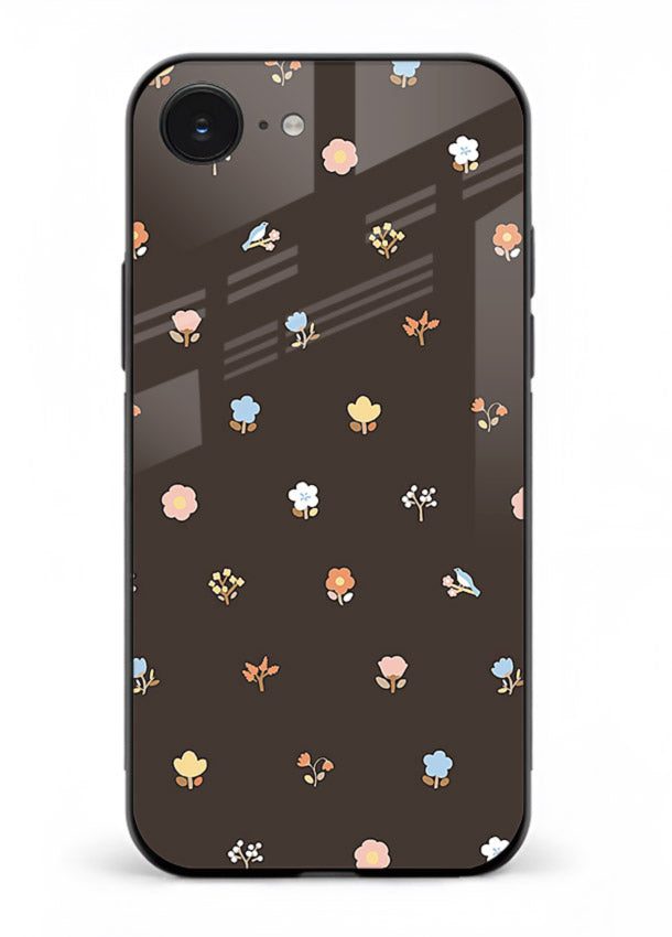 Pastel tiny flower pattern on iphone 16e glass back cover with playful botanical spacing.