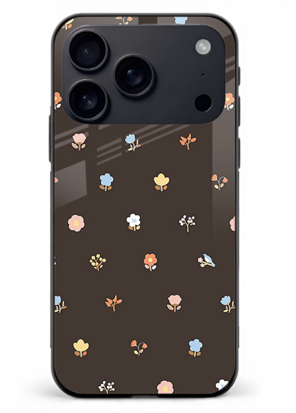 Pastel tiny flower pattern on iphone 18 pro max glass back cover with playful botanical spacing.
