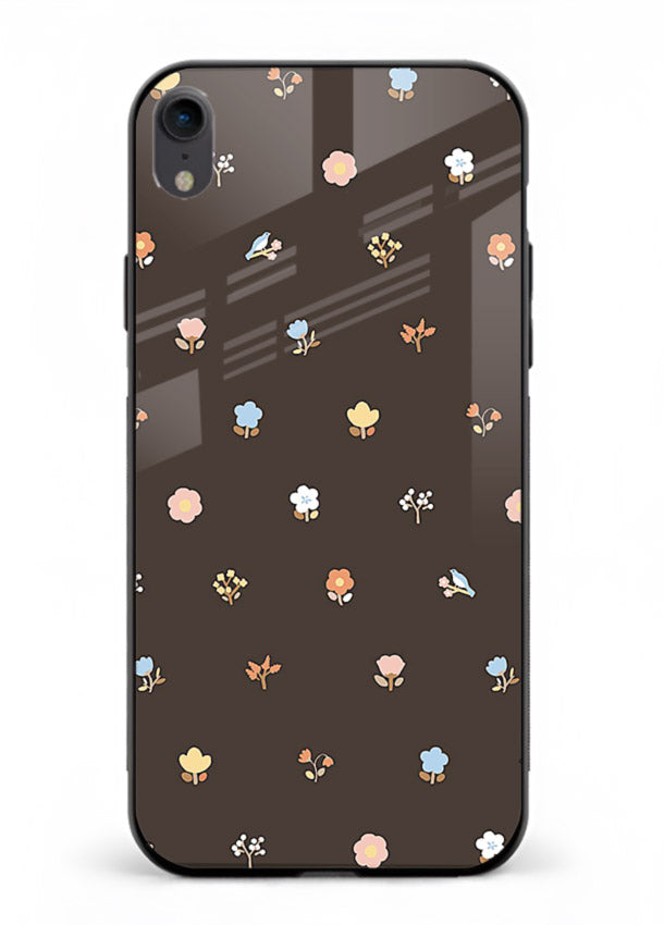 Pastel tiny flower pattern on iphone xr glass back cover with playful botanical spacing.