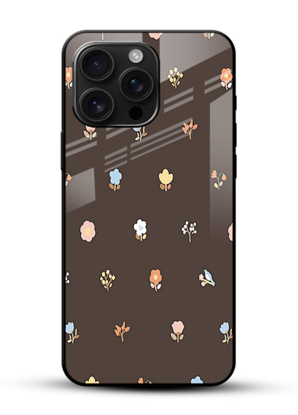 Pastel tiny flower pattern on glossy vibrant premium glass back cover with playful botanical spacing. - Angle Front