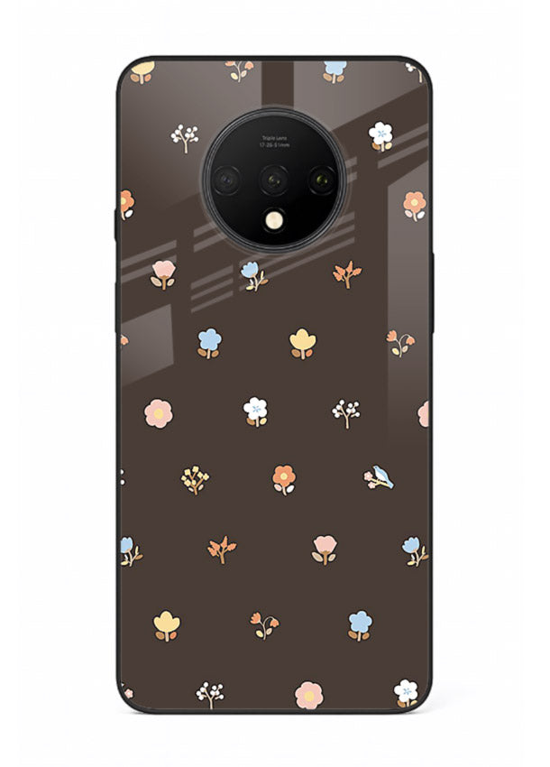 Pastel tiny flower pattern on OnePlus 7T glass back cover with playful botanical spacing.