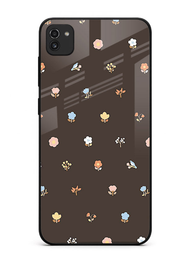 Pastel tiny flower pattern on Samsung A03 glass back cover with playful botanical spacing.
