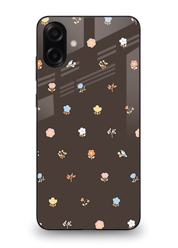 Pastel tiny flower pattern on Samsung A06 5G glass back cover with playful botanical spacing.