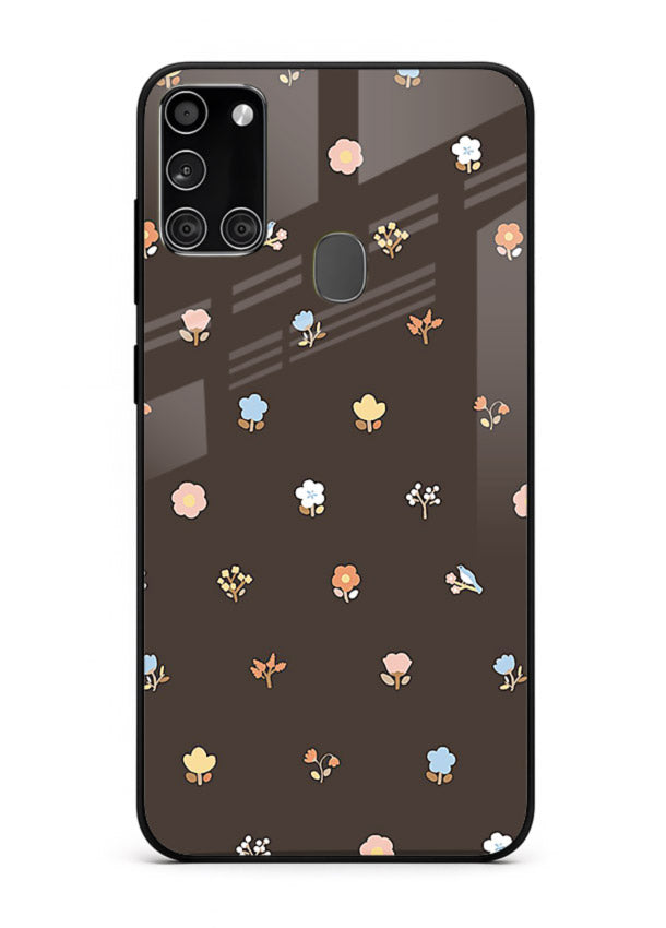 Pastel tiny flower pattern on Samsung A21s glass back cover with playful botanical spacing.