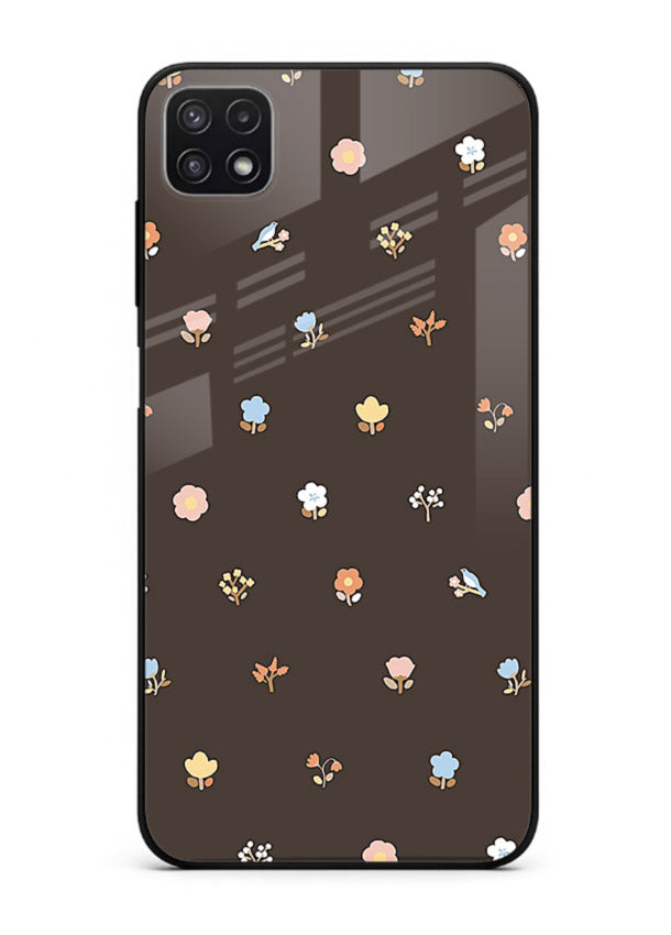 Pastel tiny flower pattern on Samsung F42 5G glass back cover with playful botanical spacing.