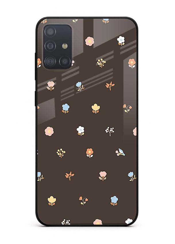 Pastel tiny flower pattern on Samsung A51 glass back cover with playful botanical spacing.