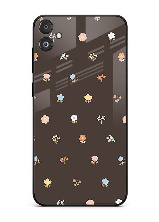 Pastel tiny flower pattern on Samsung F04 5G glass back cover with playful botanical spacing.
