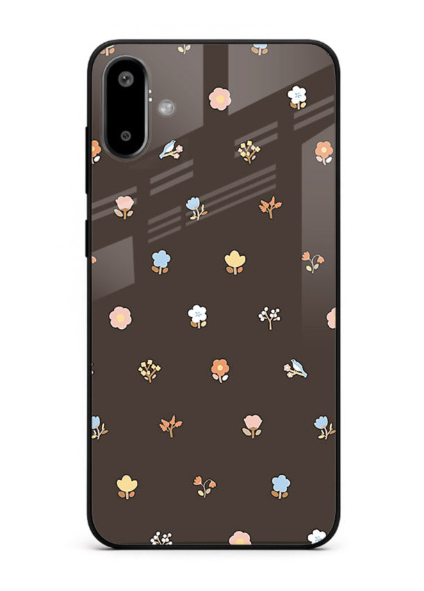 Pastel tiny flower pattern on Samsung F06 5G glass back cover with playful botanical spacing.
