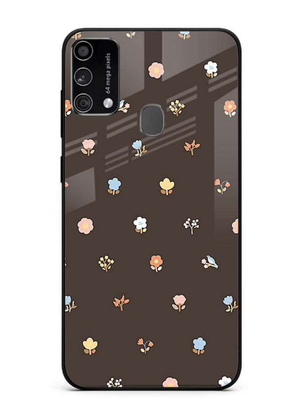 Pastel tiny flower pattern on Samsung F41 glass back cover with playful botanical spacing.