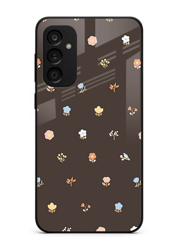 Pastel tiny flower pattern on Samsung M14 5G glass back cover with playful botanical spacing.
