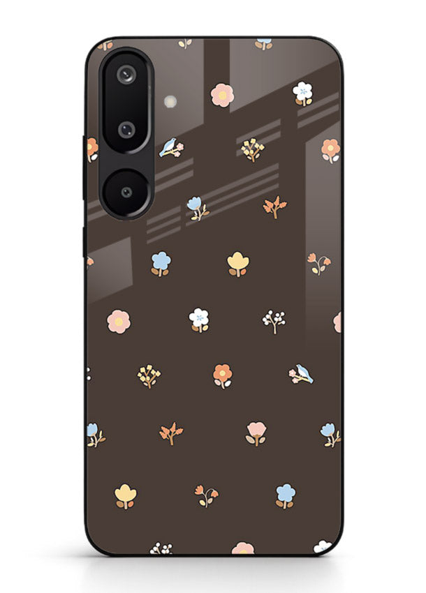 Pastel tiny flower pattern on Samsung F16 5G glass back cover with playful botanical spacing.