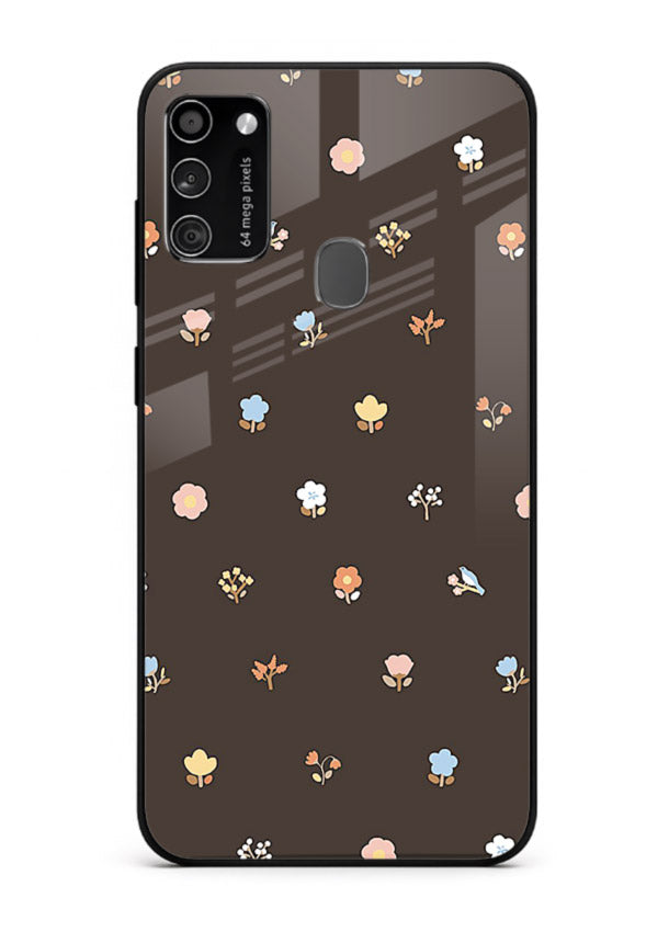 Pastel tiny flower pattern on Samsung M21 glass back cover with playful botanical spacing.