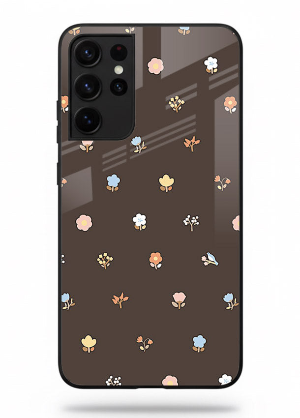Pastel tiny flower pattern on Samsung S21 Ultra glass back cover with playful botanical spacing.