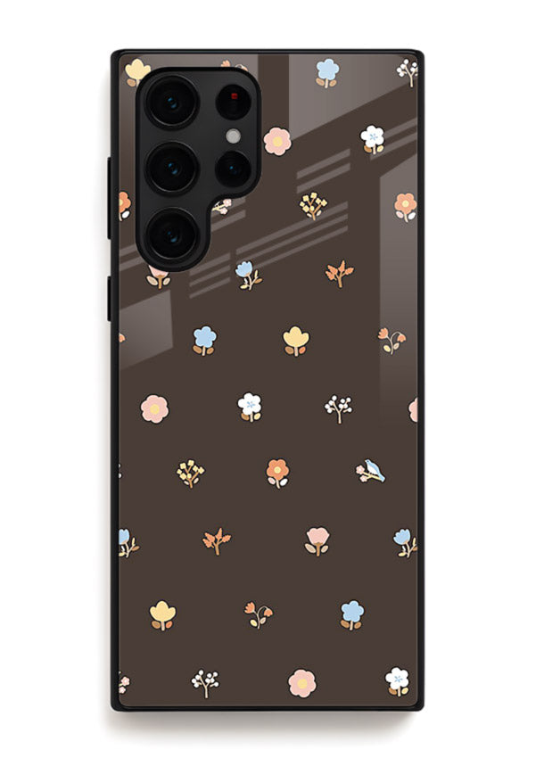Pastel tiny flower pattern on Samsung S24 Ultra glass back cover with playful botanical spacing.