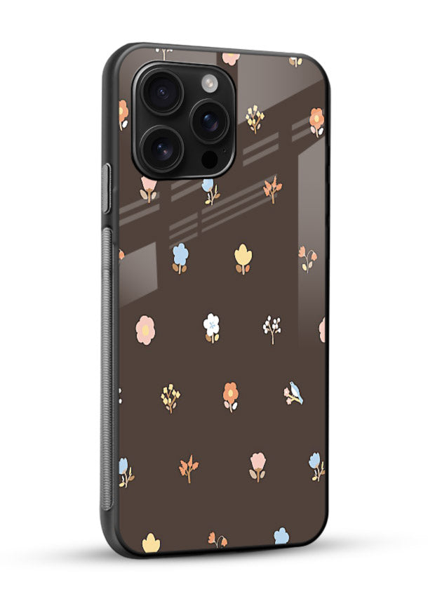 Pastel tiny flower pattern on glossy vibrant premium glass back cover with playful botanical spacing. - Angle Side