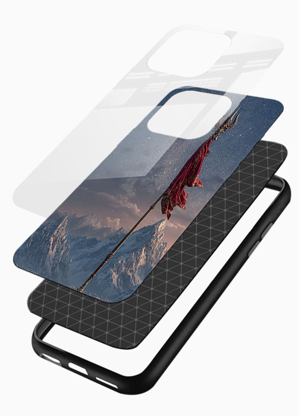Shiva mountain trishul powerful theme glossy vibrant premium glass bold devotional case - Angle Layers