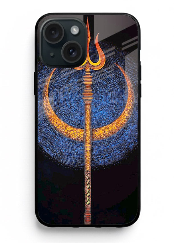 Neon trishul glowing cosmic art iphone 14 plus spiritual modern glass cover