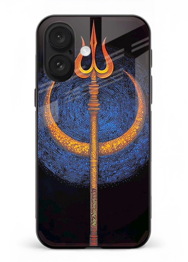 Neon trishul glowing cosmic art iphone 16 spiritual modern glass cover