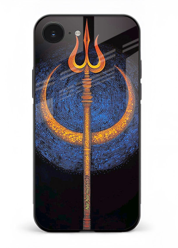 Neon trishul glowing cosmic art iphone 16e spiritual modern glass cover