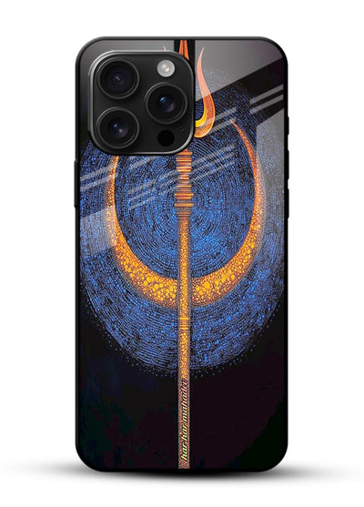 Neon trishul glowing cosmic art glossy vibrant premium spiritual modern glass cover - Angle Front