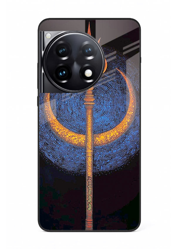 Neon trishul glowing cosmic art OnePlus 12R spiritual modern glass cover