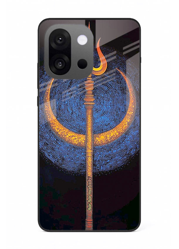 Neon trishul glowing cosmic art OnePlus 13s spiritual modern glass cover
