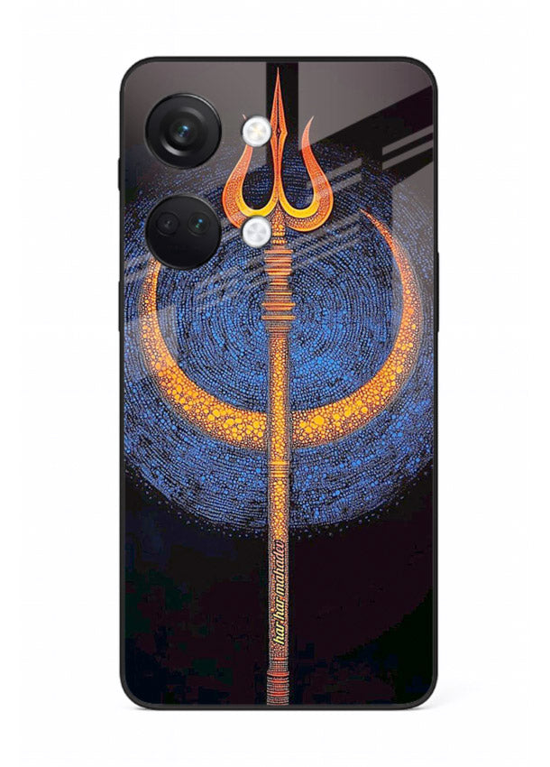 Neon trishul glowing cosmic art OnePlus Nord 3 spiritual modern glass cover
