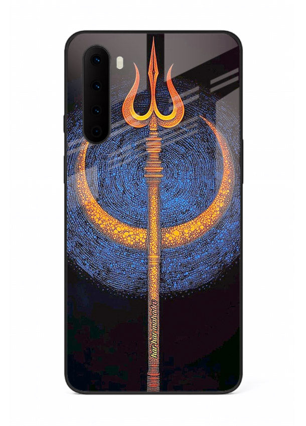 Neon trishul glowing cosmic art OnePlus Nord spiritual modern glass cover