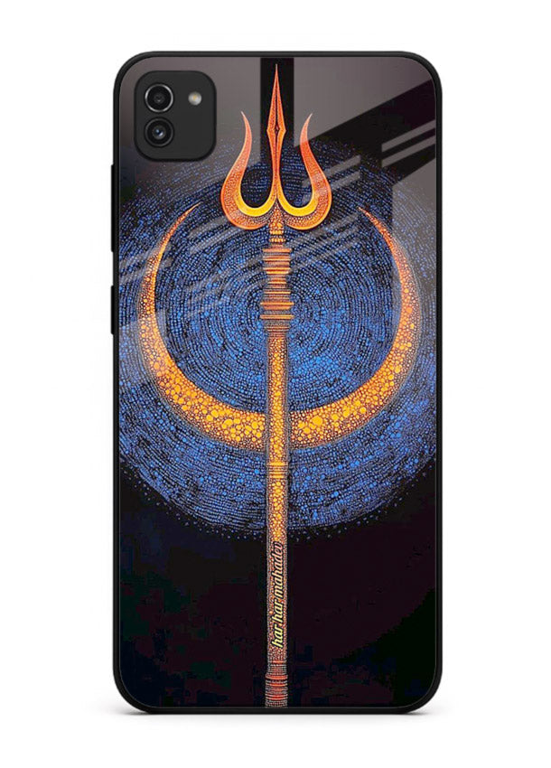 Neon trishul glowing cosmic art Samsung A03 spiritual modern glass cover