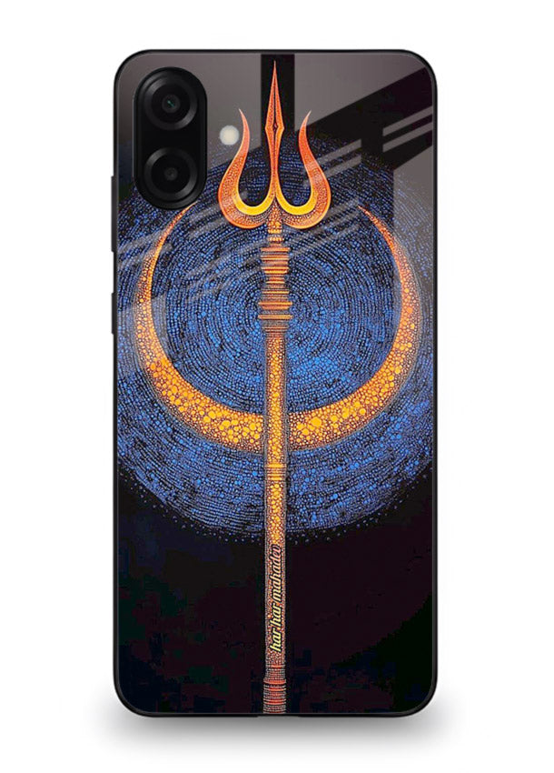 Neon trishul glowing cosmic art Samsung A06 5G spiritual modern glass cover