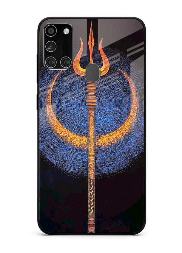 Neon trishul glowing cosmic art Samsung A21s spiritual modern glass cover