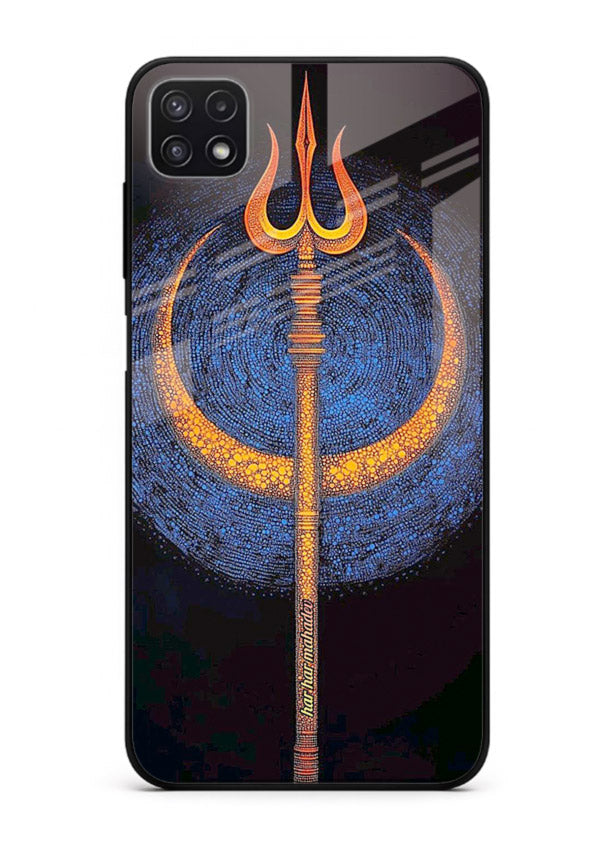Neon trishul glowing cosmic art Samsung F42 5G spiritual modern glass cover