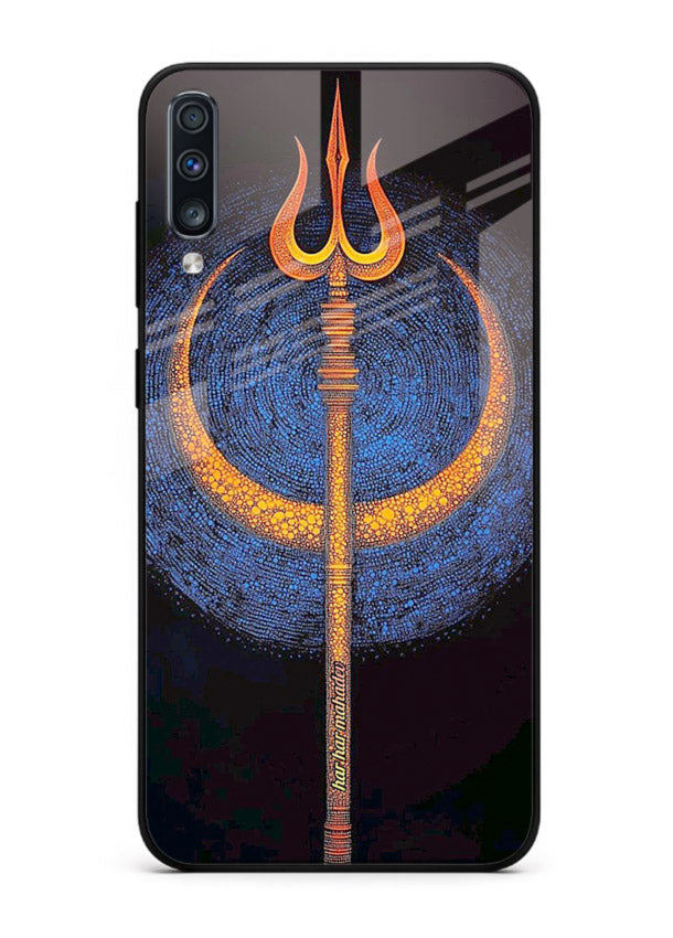 Neon trishul glowing cosmic art Samsung A70 spiritual modern glass cover
