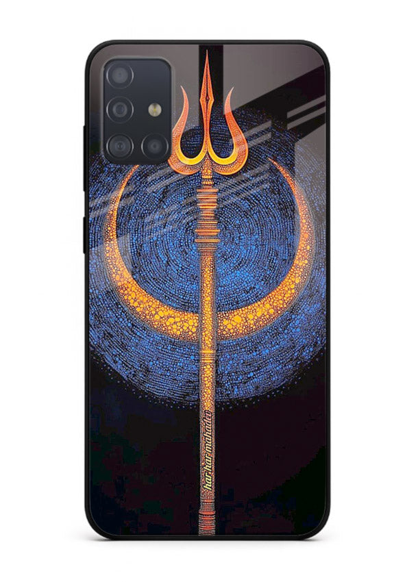 Neon trishul glowing cosmic art Samsung A71 spiritual modern glass cover