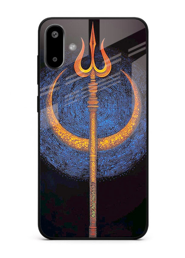 Neon trishul glowing cosmic art Samsung F06 5G spiritual modern glass cover