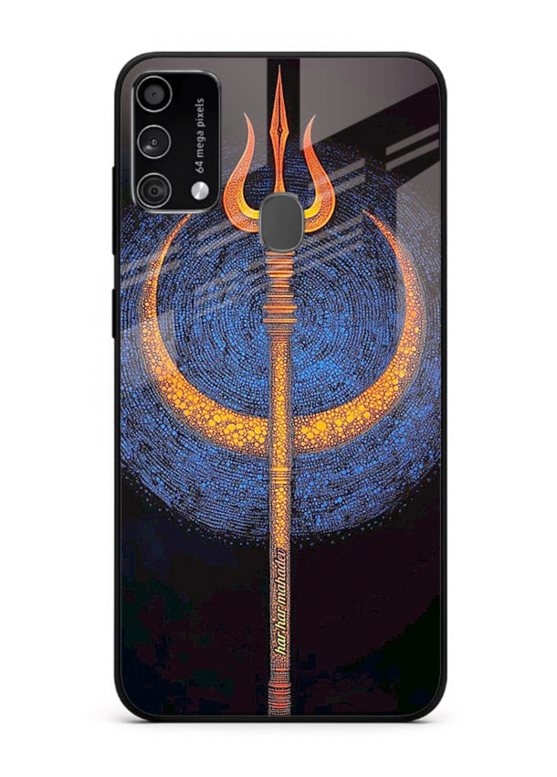 Neon trishul glowing cosmic art Samsung F41 spiritual modern glass cover