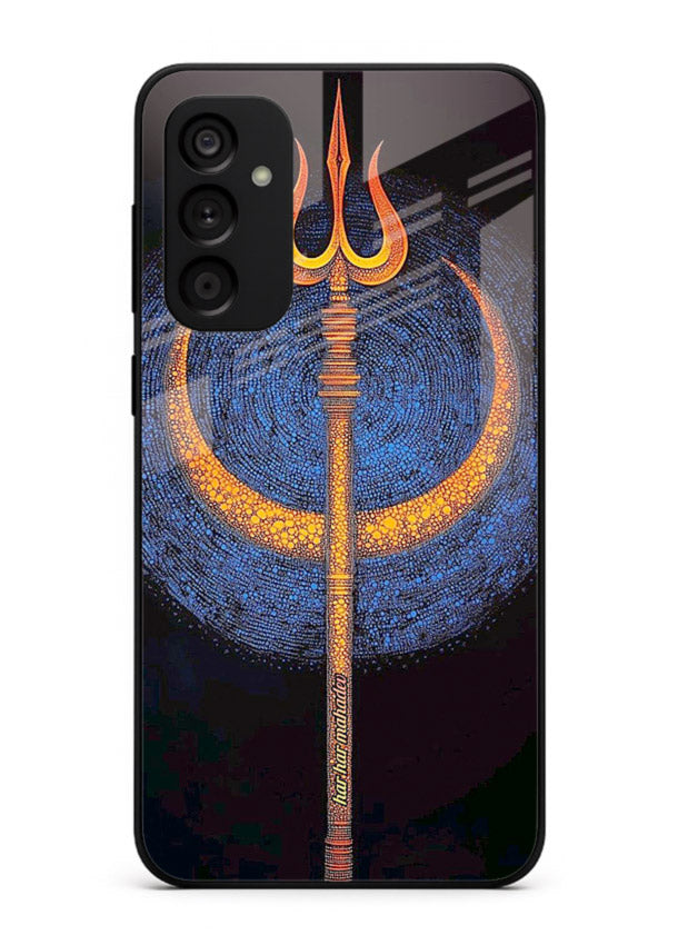 Neon trishul glowing cosmic art Samsung F34 5G spiritual modern glass cover