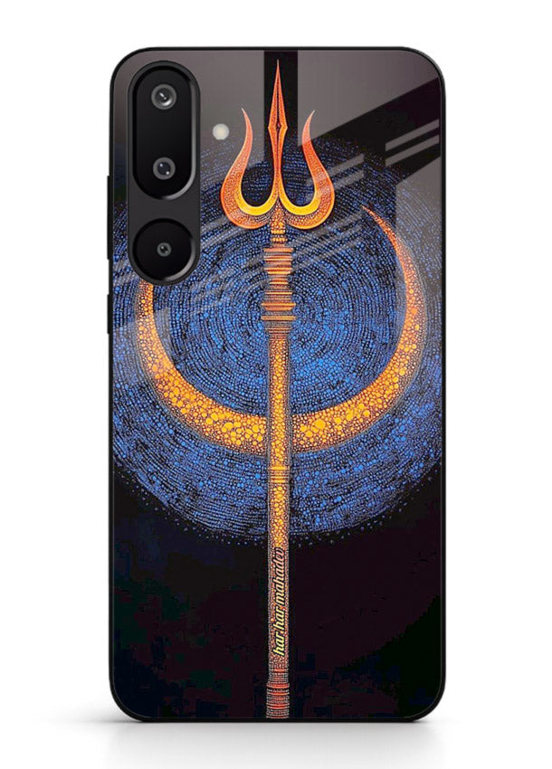 Neon trishul glowing cosmic art Samsung F16 5G spiritual modern glass cover